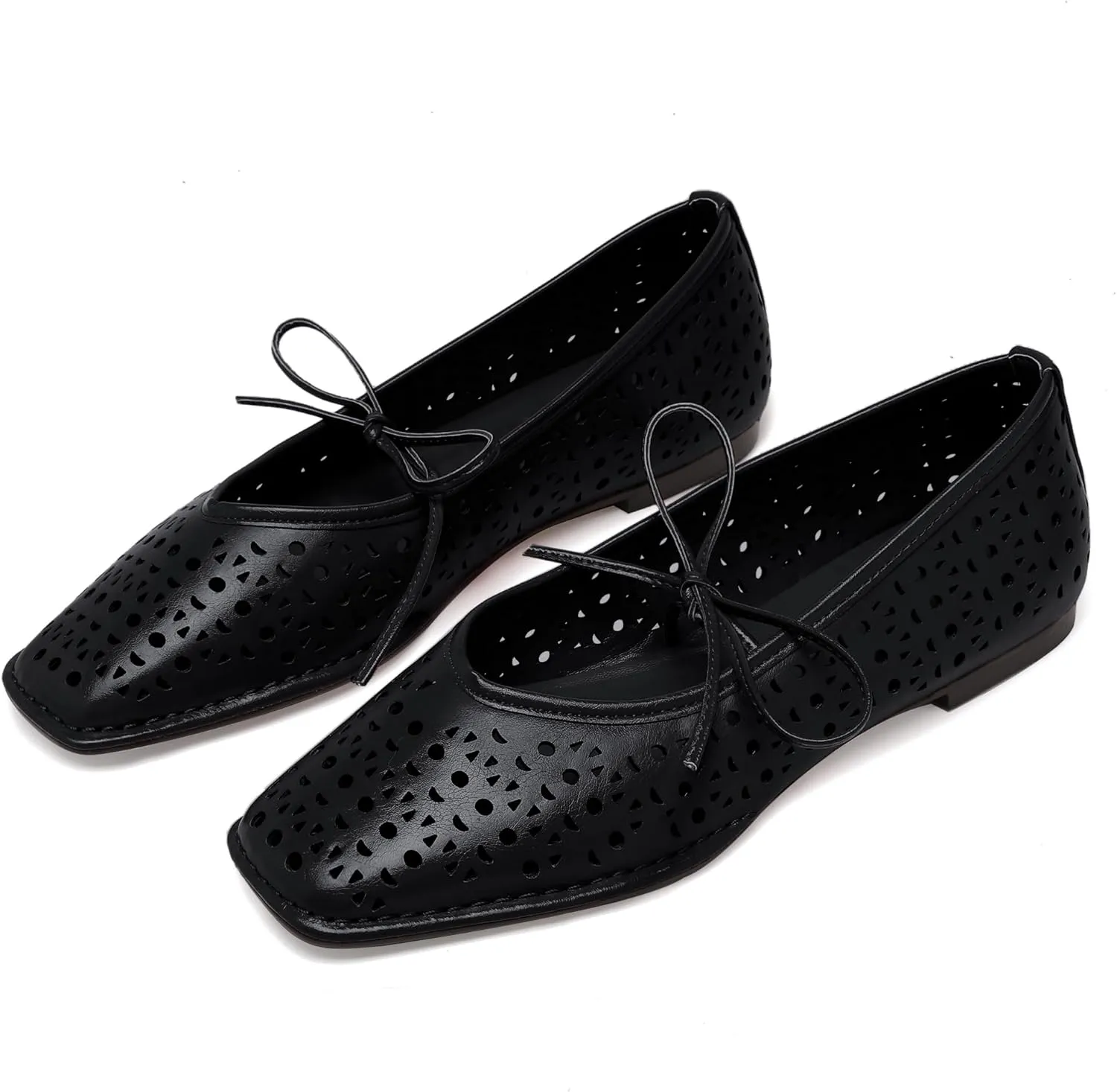 Lace Up Square Toe Ballet Flats for Women Cute Bow Slip On Mary Jane Flats Casual Ballerina Shoes
