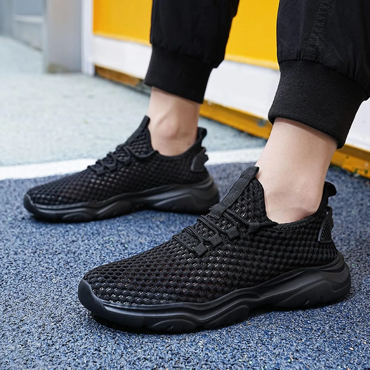 Mens Breathable Lace Up Running Shoes Breathable Elastic Fly Woven Mesh Sneaker Lightweight Work Shoes for Men