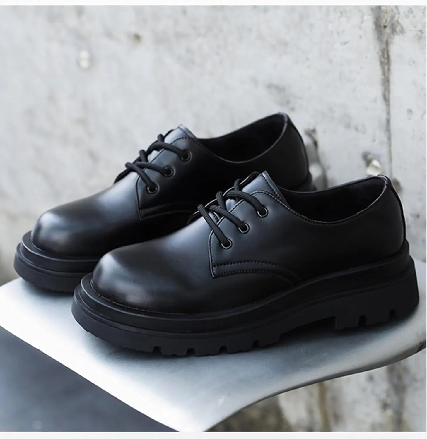 Men's Genuine Leather Thick Soled Round Toe Lace Up Leather Shoes Classic Fashion Boost Business Oxford Derby Shoes