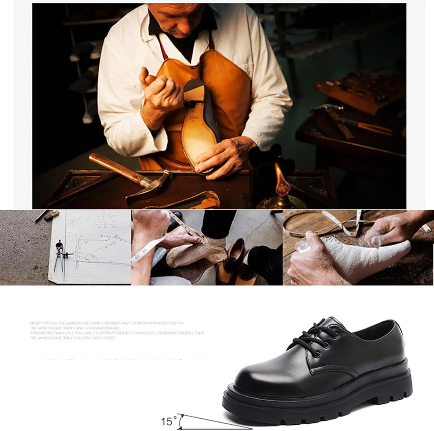 Men's Genuine Leather Thick Soled Round Toe Lace Up Leather Shoes Classic Fashion Boost Business Oxford Derby Shoes