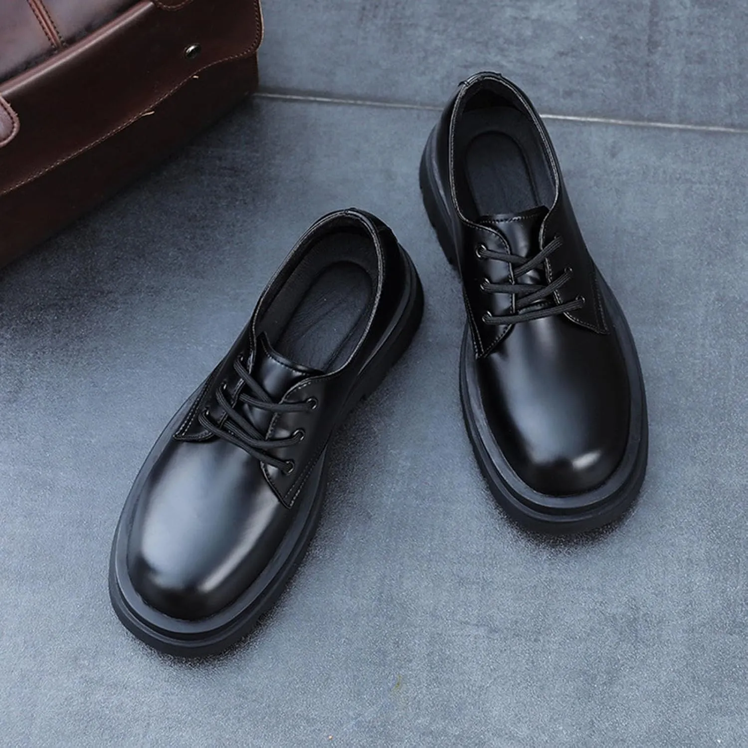 Men's Genuine Leather Thick Soled Round Toe Lace Up Leather Shoes Classic Fashion Boost Business Oxford Derby Shoes
