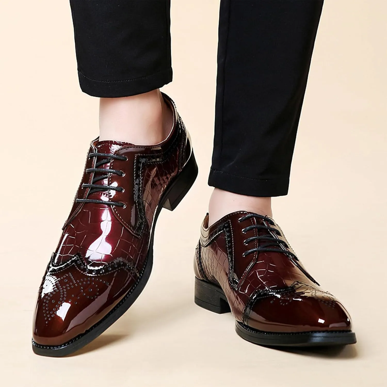 Men's Stitching Leather Lace-Up Dress Oxford Shoes Business Party Formal Shoes Comfortable Anti-Slip Pointed Toe Causal Shoes