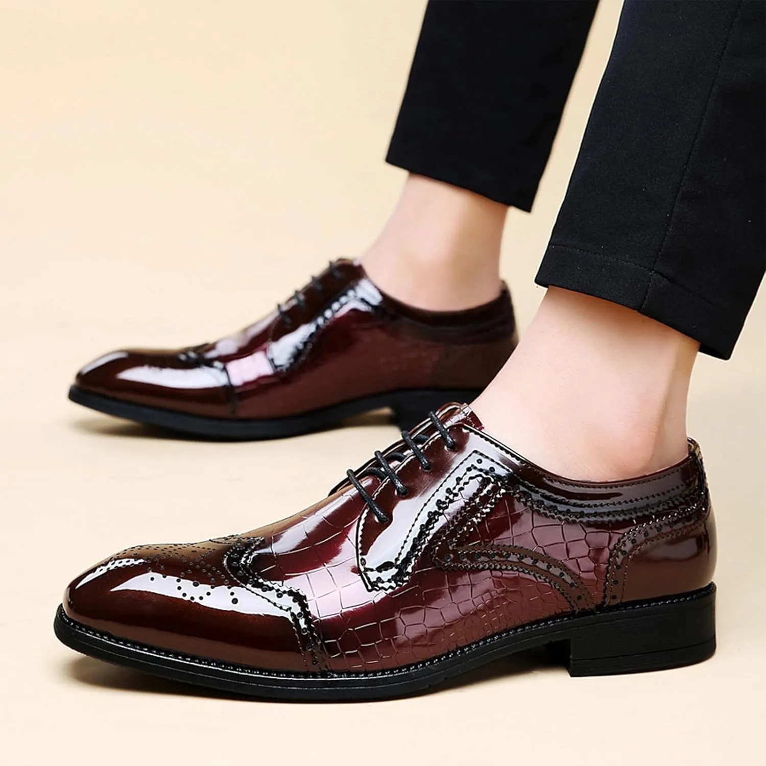 Men's Stitching Leather Lace-Up Dress Oxford Shoes Business Party Formal Shoes Comfortable Anti-Slip Pointed Toe Causal Shoes