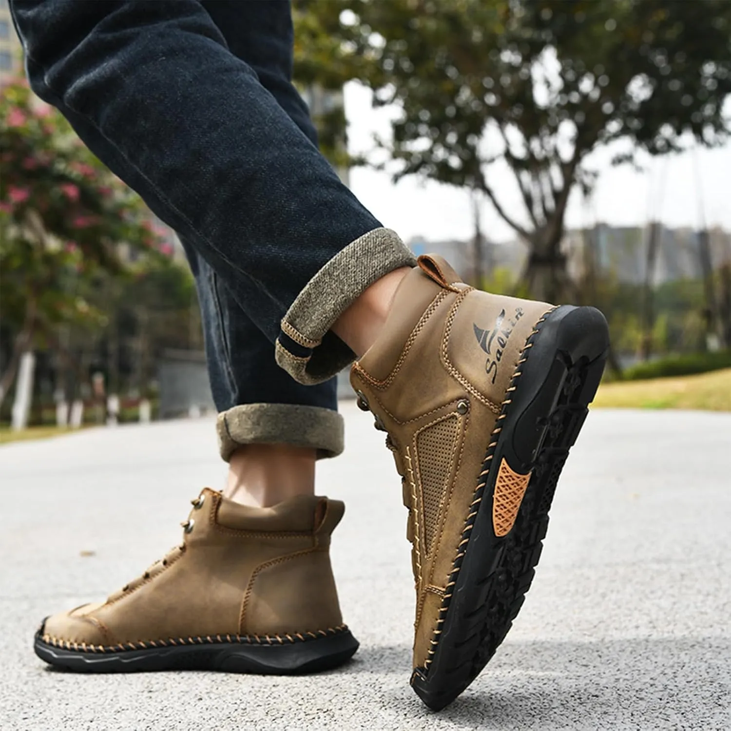 Sawbehind Mens Boots, Sawbehind Leather Boots Mens, Waterproof, Arch Support, Spacious Toe Box Outdoor Orthopedic Shoes