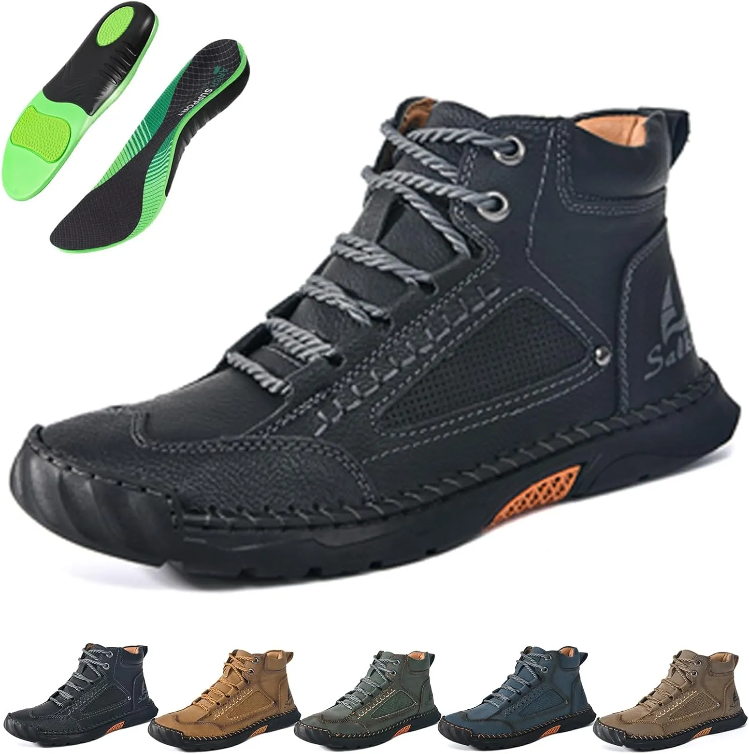 Sawbehind Mens Boots, Sawbehind Leather Boots Mens, Waterproof, Arch Support, Spacious Toe Box Outdoor Orthopedic Shoes