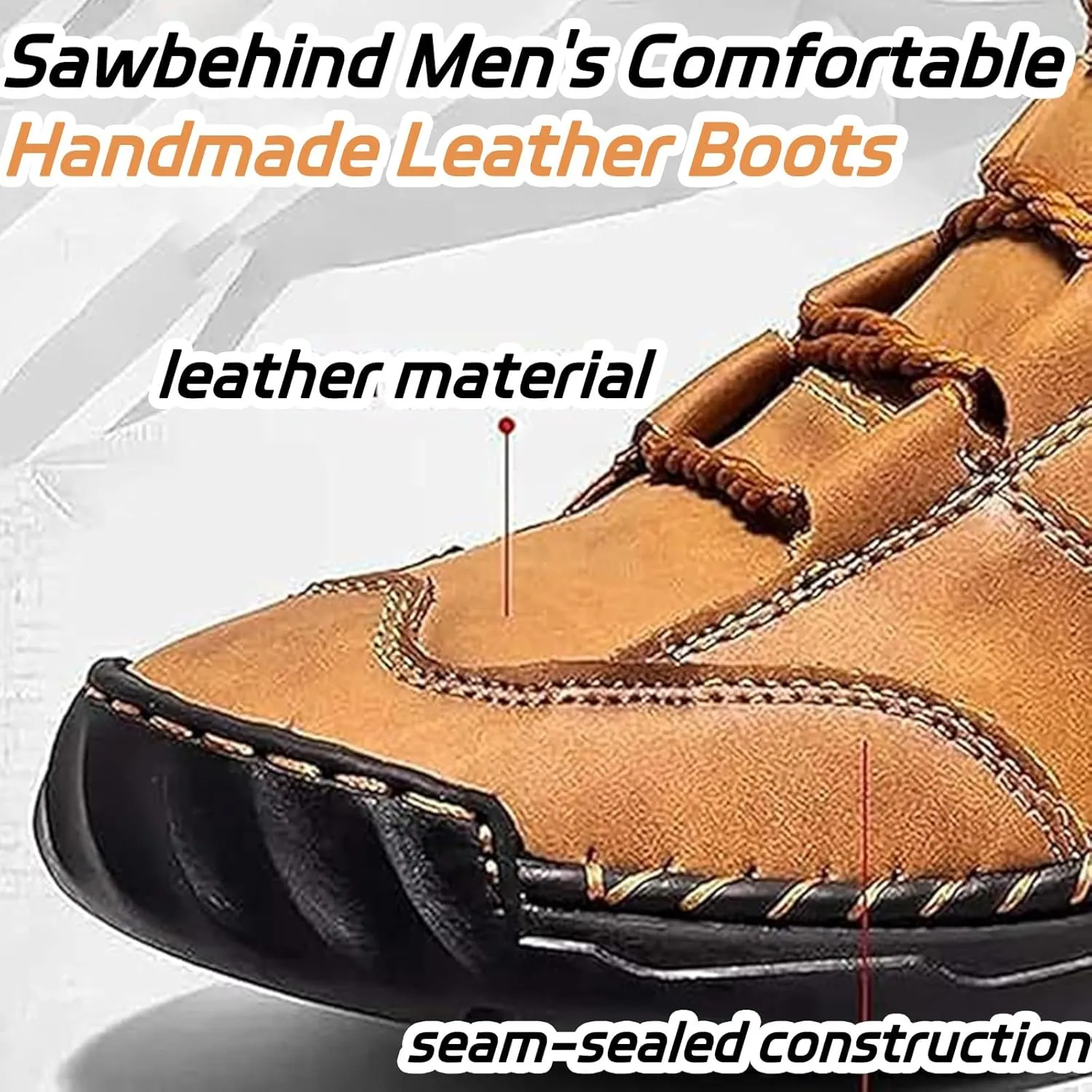 Sawbehind Mens Boots, Sawbehind Leather Boots Mens, Waterproof, Arch Support, Spacious Toe Box Outdoor Orthopedic Shoes
