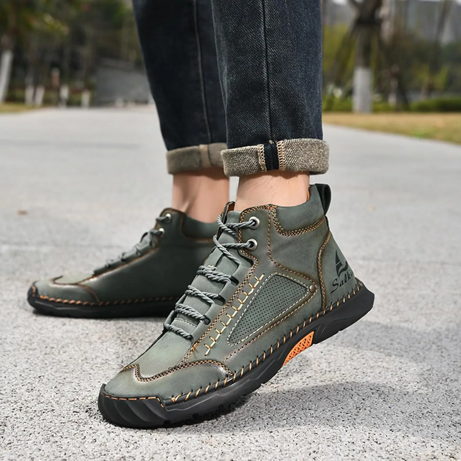 Sawbehind Mens Boots, Sawbehind Leather Boots Mens, Waterproof, Arch Support, Spacious Toe Box Outdoor Orthopedic Shoes