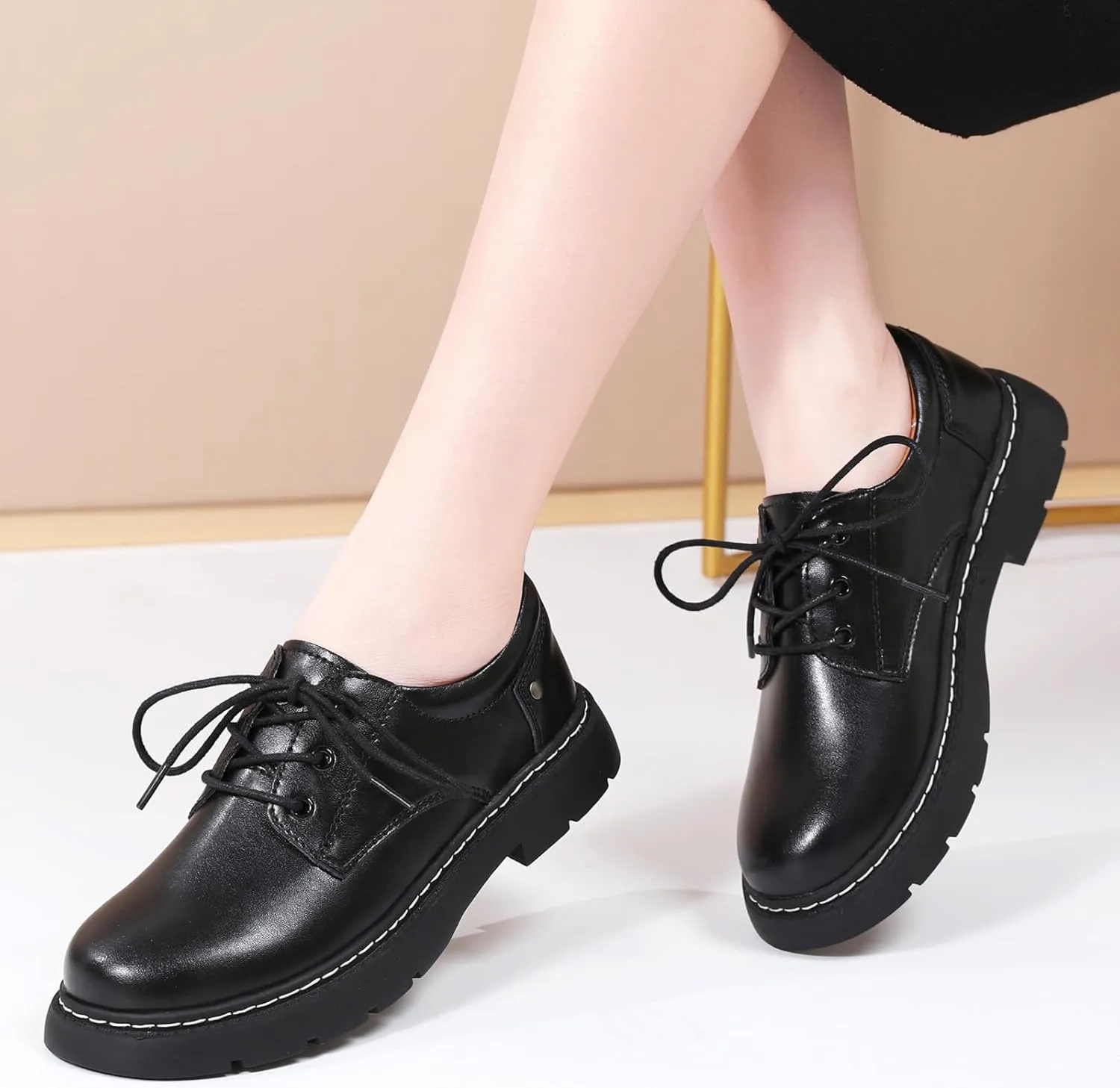 Women Oxford Shoes, Lace Up,Slip Resistant,Leather Upper,Platform Casual Comfort Work Office Dressy Business Shoes for Girls Ladies Women